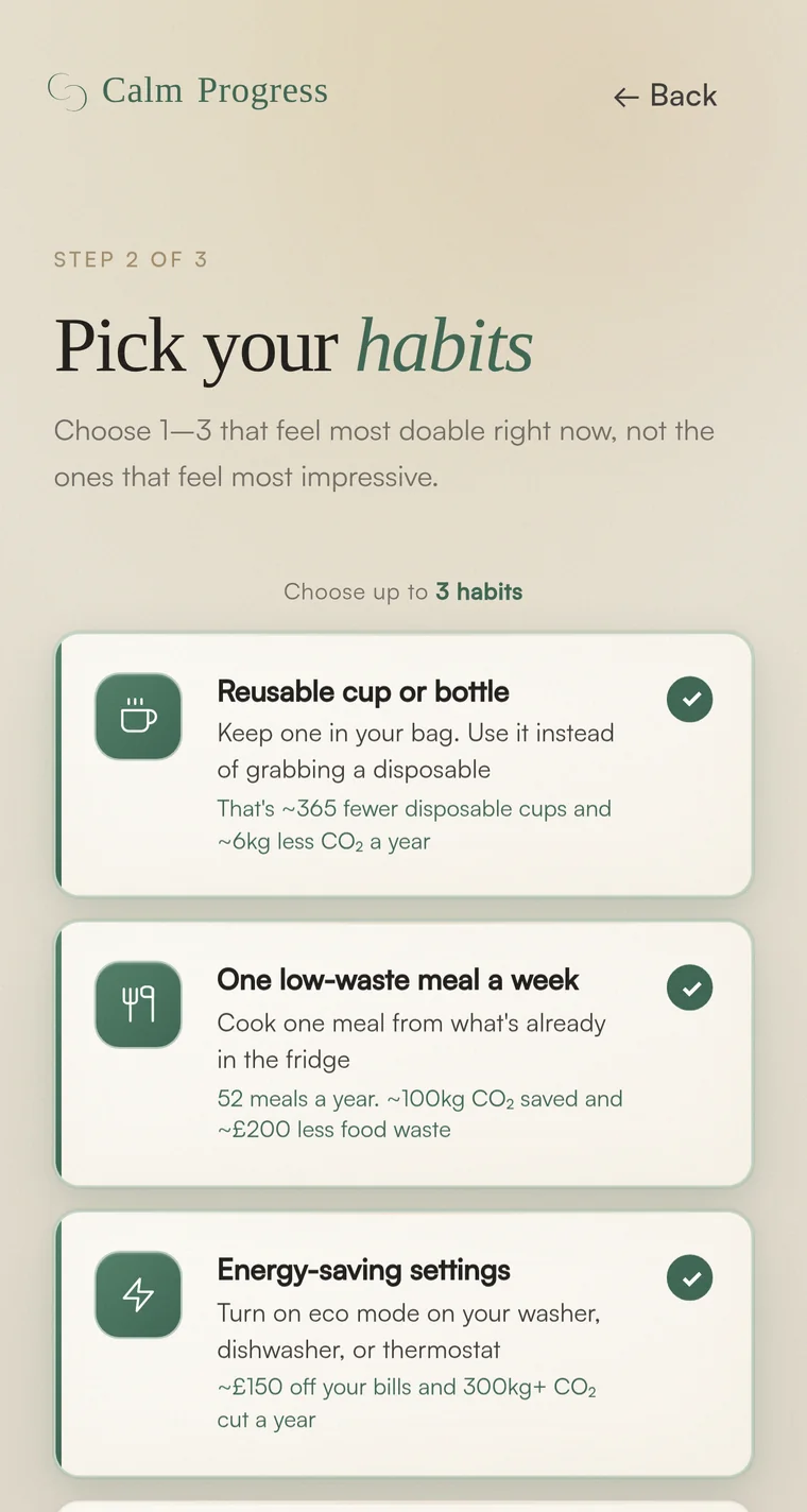Choosing a few habits in Calm Progress, each with its real cost and carbon saving