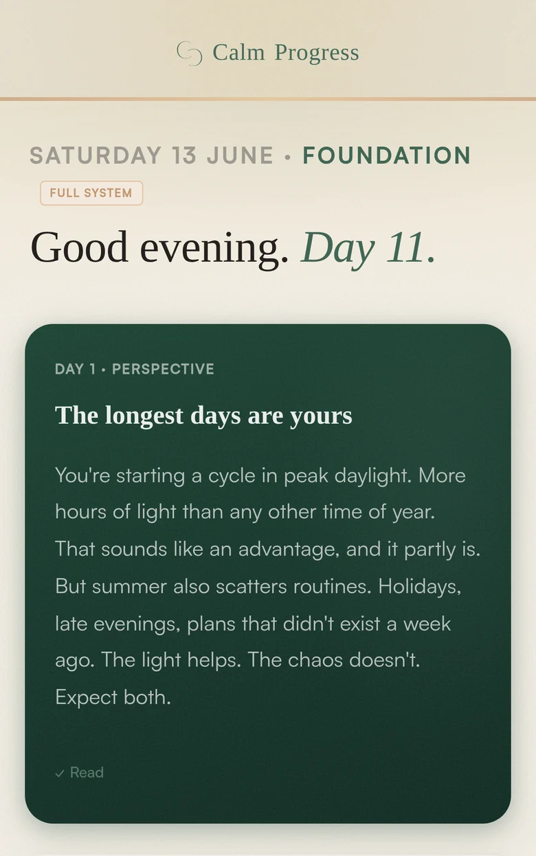 A morning reframe in the Calm Progress system, a short seasonal read